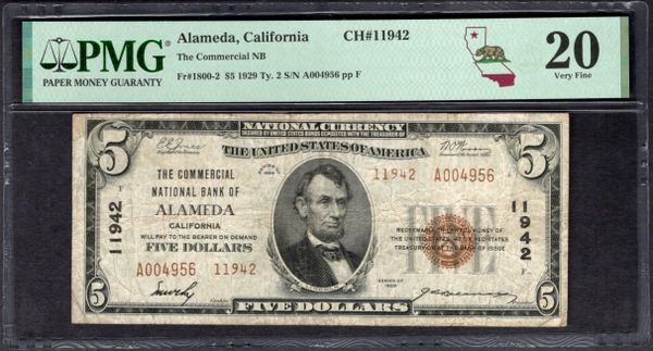 1929 $5 Commercial NB Alameda California PMG 20 Fr.1800-2 CH#11942 Item #2382313-046