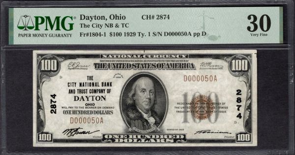 1929 $100 City NB & TC Dayton Ohio PMG 30 Fr.1804-1 CH#2874 Item #1998921-039