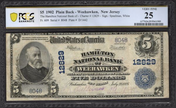 1902 $5 Hamilton NB Weehawken New Jersey PCGS 25 Fr.609 CH#12829 Item #55411909