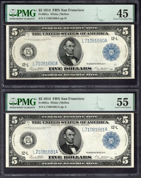 Lot of Two Consecutive 1914 $5 San Francisco FRN PMG 45/55 Fr.891a Item #1999624-007/008