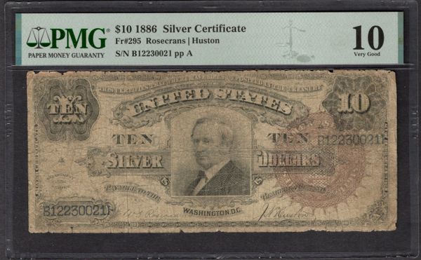 1886 $10 Silver Certificate Tombstone Note PMG 10 Fr.295 Item #1999594-014