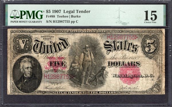 1907 $5 Legal Tender Woodchopper Note PMG 15 Fr.88 Item #1999614-001