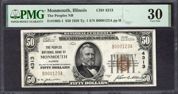 1929 $50 Peoples NB Monmouth Illinois PMG 30 Fr.1803-1 CH#4313 Item #1998882-023