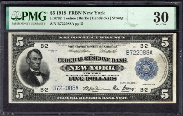 1918 $5 New York FRBN PMG 30 Fr.782 Item #1999806-001