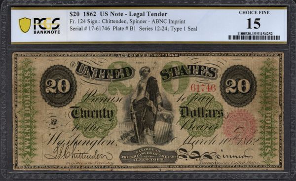 1862 $20 Legal Tender PCGS 15 Fr.124 Item #51154252