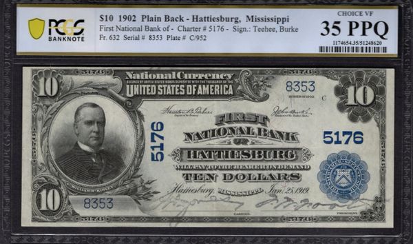 1902 $10 First NB Hattiesburg Mississippi PCGS 35 EPQ Fr.632 CH#5176 Item #51248620
