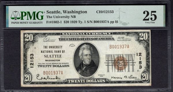 1929 $20 University NB Seattle Washington PMG 25 Fr.1802-1 CH#12153 Item #2000028-020