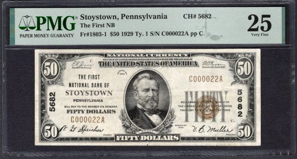 1929 $50 First NB Stoystown Pennsylvania PMG 25 Fr.1803-1 CH#5682 Item #1998873-018