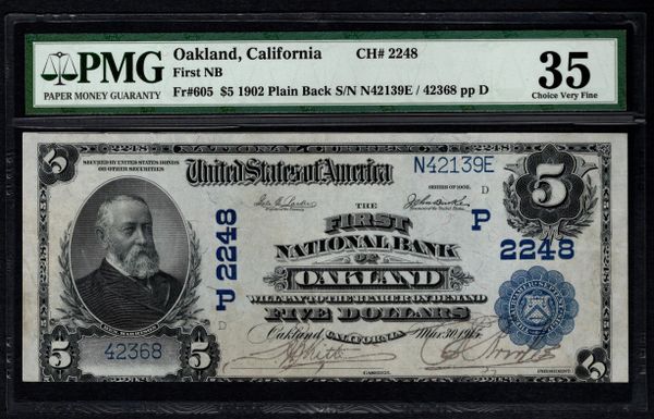 1902 $5 First National Bank Oakland California PMG 35 Fr.605 CH#2248 Item #8048870-001