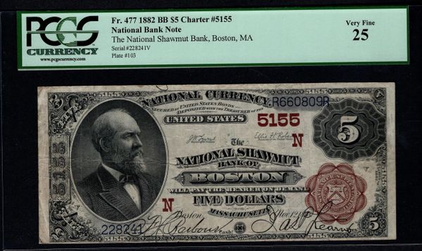 1882 $5 National Shawmut Bank of Boston Massachusetts PCGS 25 Fr.477 CH#5155 Item #80292076