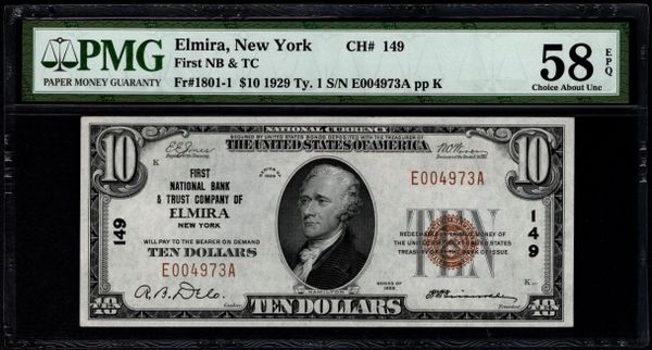 1929 $10 First NB & TC Elmira New York PMG 58 EPQ Fr.1801-1 CH#149 Item #5014611-011