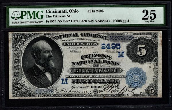 1882 $5 Citizens National Bank of Cincinnati Ohio PMG 25 Fr.537 CH#2495 Item #5004969-002