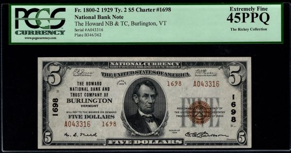 1929 $5 Howard NB & TC Burlington Vermont PCGS 45 PPQ Fr.1800-2 CH#1698 Item #80614450