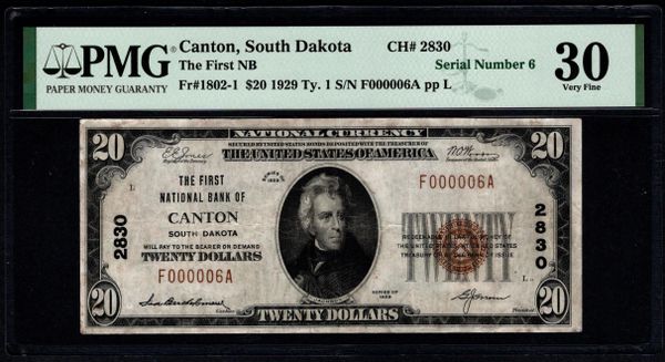 1929 $20 First National Bank of Canton South Dakota PMG 30 Fr.1802-1 Single Digit Serial Number 6 CH#2830 Item #8078937-001
