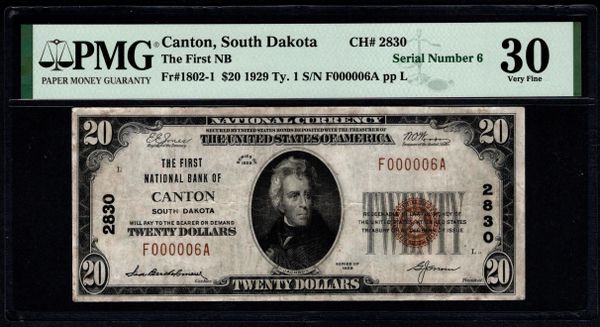 1929 $20 First National Bank of Canton South Dakota PMG 30 Fr.1802-1 CH#2830 Serial Number 6 Item #8078937-001