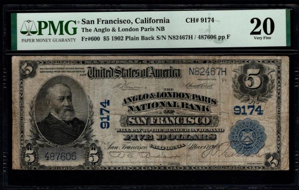 1902 $5 Anglo & London Paris National Bank San Francisco California PMG 20 Fr.600 CH#9174 Item #8078937-013