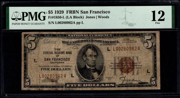 1929 $5 San Francisco FRBN PMG 12 Fr.1850-L Series Key Note Item #1991335-007