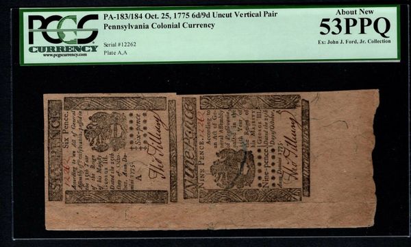 Uncut Pair 1775 Pennsylvania Colonial Currency PCGS 53 PPQ PA-183/184 6d/9d Item #80534972