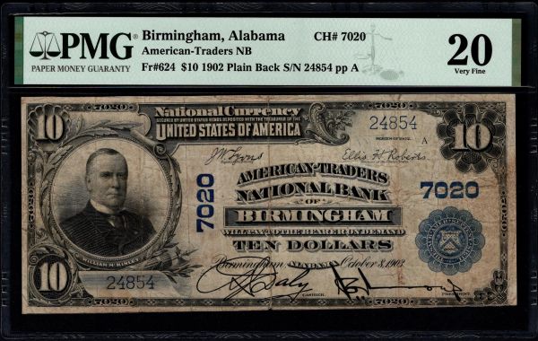 1902 $10 American-Traders National Bank Birmingham Alabama PMG 20 Fr.624 CH#7020 Item #1859907-091