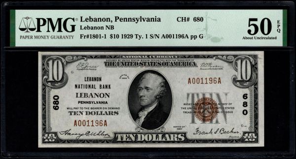 1929 $10 Lebanon National Bank Pennsylvania PMG 50 EPQ Fr.1801-1 CH#680 Item #1991328-003