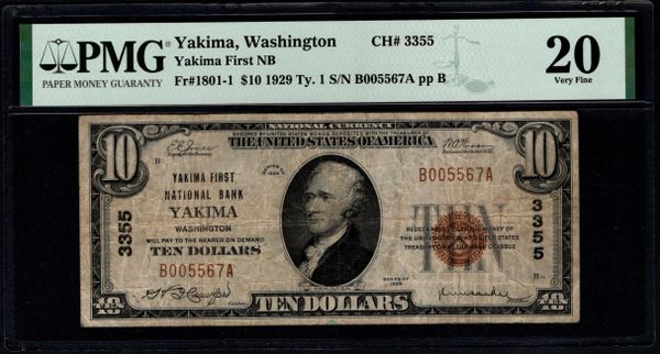 1929 $10 Yakima First National Bank Washington PMG 20 Fr.1801-1 CH#3355 Item #8078937-015