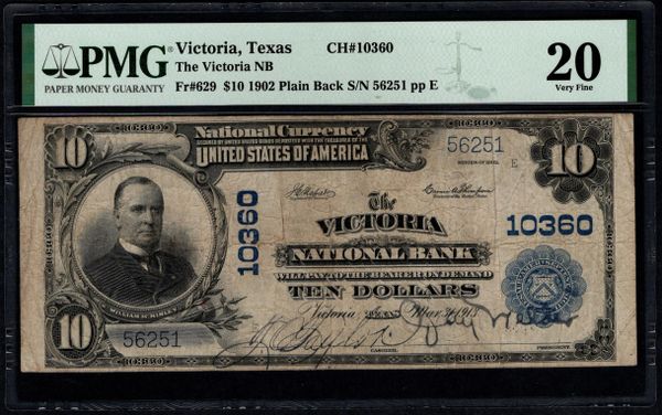 1902 $10 Victoria National Bank Texas PMG 20 Fr. 629 CH#10360 Item #5014785-010