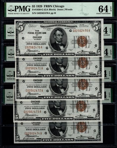 Lot of Five Consecutive 1929 $5 Chicago FRBN PMG 64 EPQ Fr.1850-G Item #8075286-011/015