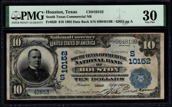 1902 $10 South Texas Commercial National Bank of Houston PMG 30 Fr.620 CH#10152 Item #5014785-002