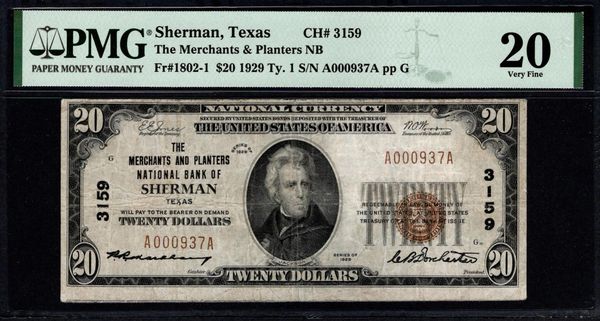 1929 $20 Merchants and Planters National Bank of Sherman Texas PMG 20 Fr.1802-1 CH#3159 Item #8080174-022