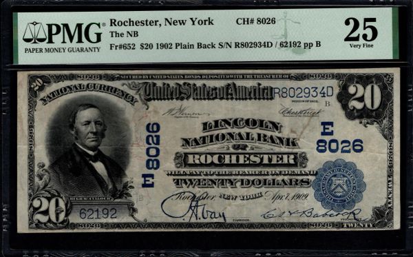 1902 $20 Lincoln National Bank of Rochester New York PMG 25 Fr.652 CH#8026 Item #8082737-025