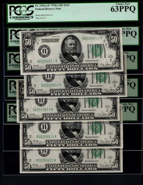 Lot of Ten Consecutive 1928A $50 New York Federal Reserve Notes PCGS 58 to 65 PPQ Fr.2101a-B Item #59109988-97