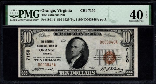 1929 $10 Citizens National Bank of Orange Virginia PMG 40 EPQ Fr.1801-1 CH#7150 Item #8080081-014