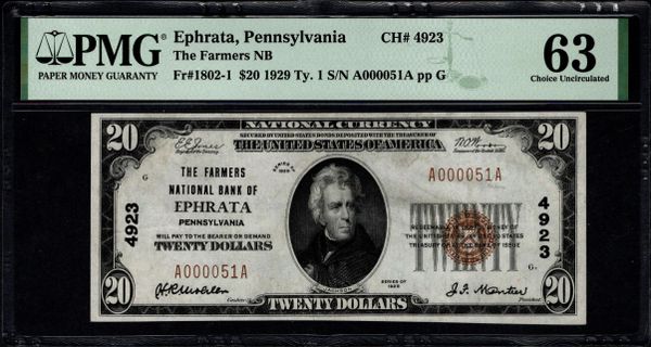 1929 $20 Farmers National Bank of Ephrata Pennsylvania PMG 63 Fr.1802-1 CH#4923 Item #8082737-016