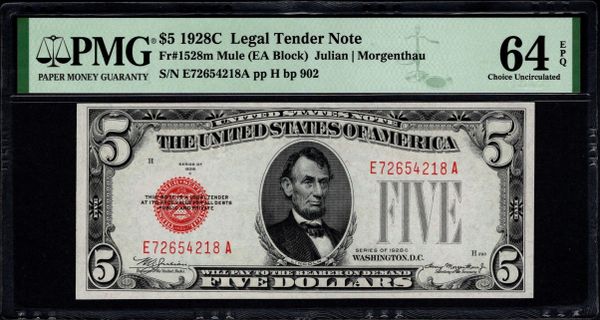 1928C $5 Legal Tender PMG 64 EPQ Fr.1528m Item #2511732-003