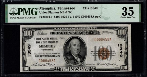 1929 $100 Union Planters NB & TC of Memphis Tennessee PMG 35 Fr.1804-1 CH#13349 Item #1888736-031
