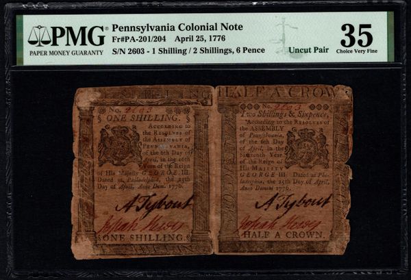 Uncut Pair 1776 Pennsylvania Colonial Currency PMG 35 PA-201/204 Item #1991022-019