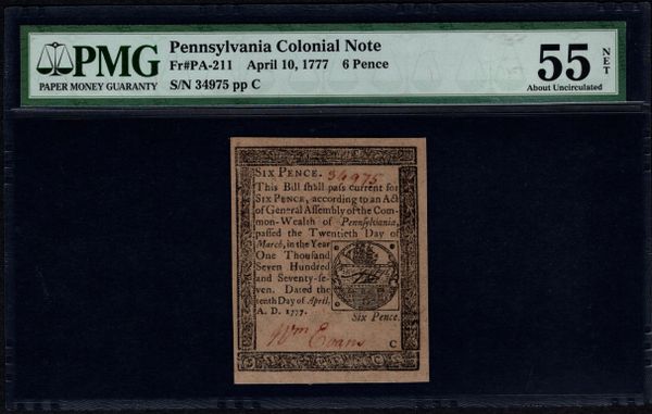 1777 Pennsylvania Colonial Currency PMG 55 NET PA-211 6 Pence Item #5010727-003