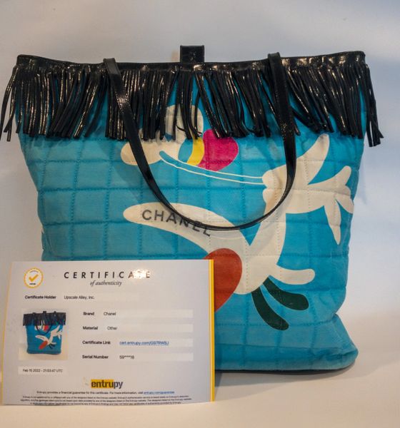 Chanel Vintage Aqua Canvas Quilted Tote Patent Leather Fringe Ent