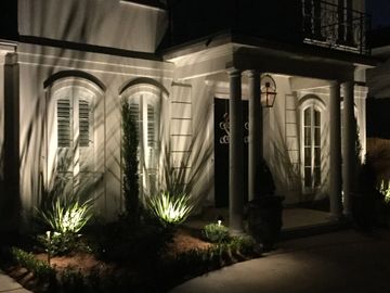 Lights hidden on the plants to light the front porch