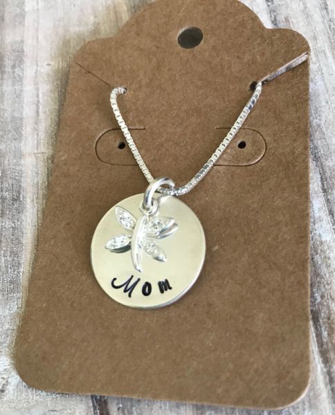Dragonfly Mom Necklace, Cubic Zirconia Dragonfly, Sterling Silver Hand Stamped Necklace, Gift for Mom