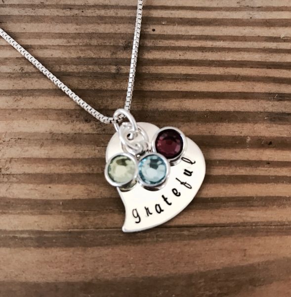 "Grateful" heart necklace with Swarovski birthstones