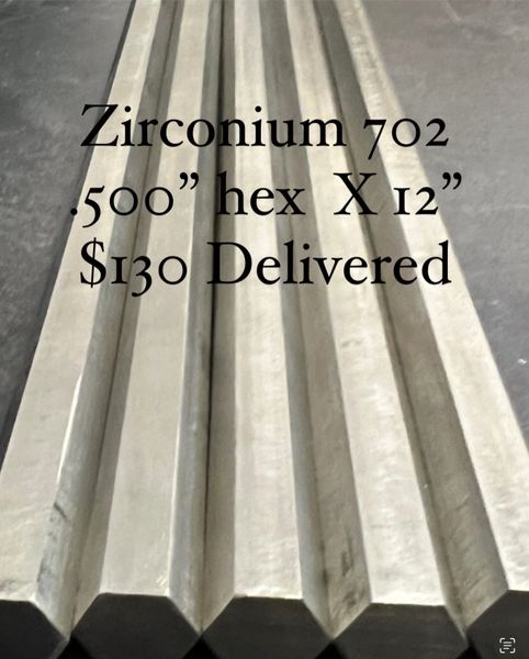 .500" hexagonal x 12" Zirconium 702 bar