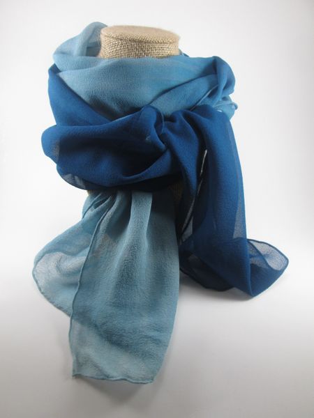 Two Tone Blue Silk Chiffon Scarf Dye with Japanese Indigo Leaves ...