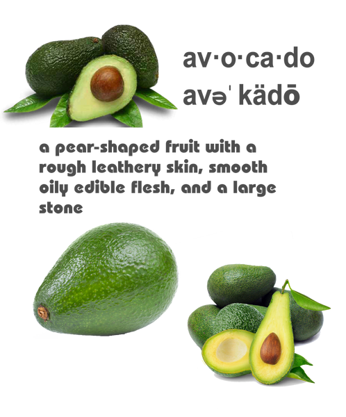 Avocado a pear-shaped fruit with a rough leathery skin, smooth