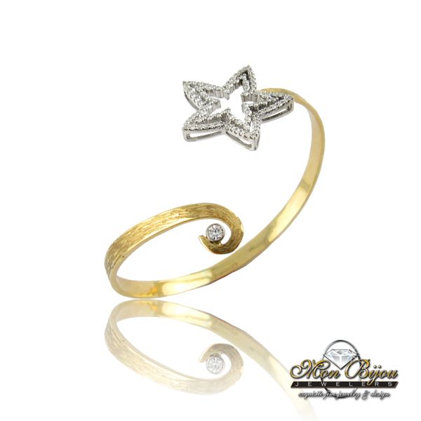 14K White Gold Diamond Mini Star Open Cuff Ring Yellow Gold