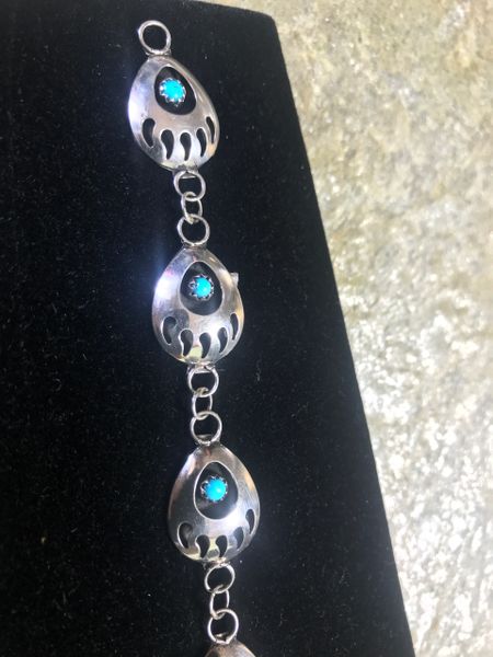 Navajo Turquoise Sterling Silver Bear Paw Link Shadow Box Bracelet 7.5” 8521 