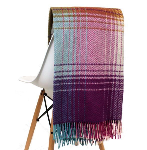 Merino/Cashmere Throw Pink Purple & Mustard Check