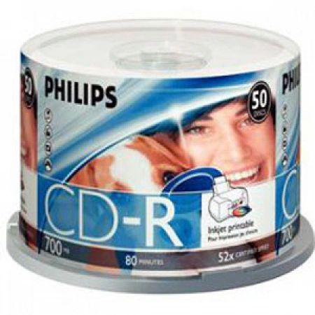 Philips CD-R 52X 80min 700MB White Inkjet Printable (Clear Hub) Surface Cake Box 50 Packs (CR7D5JB50/17)