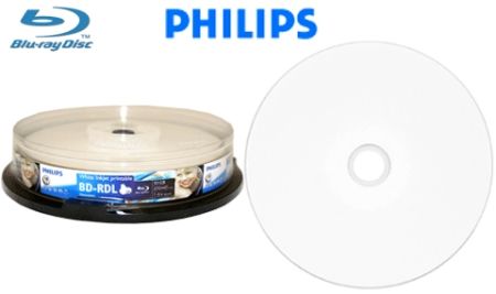 Philips BD-R 6X 50GB White Hub Inkjet Printable No Stacking Ring Surface Blu-Ray Recordable Disc Cake Box 10 Packs(BR516B10F/27)