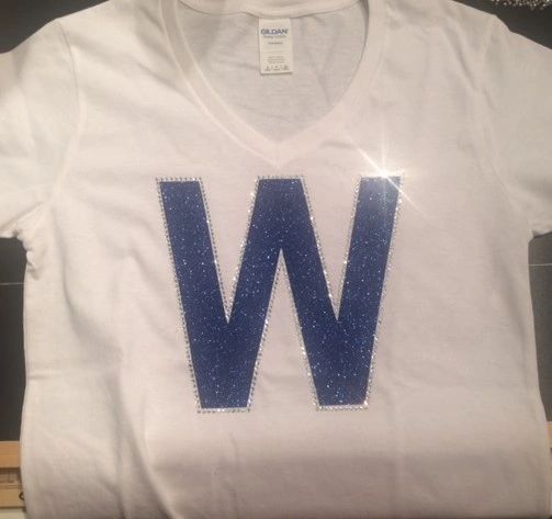 Chicago Cubs Fly the W Glitter Shirt. Baseball Fan Bling Tee. 